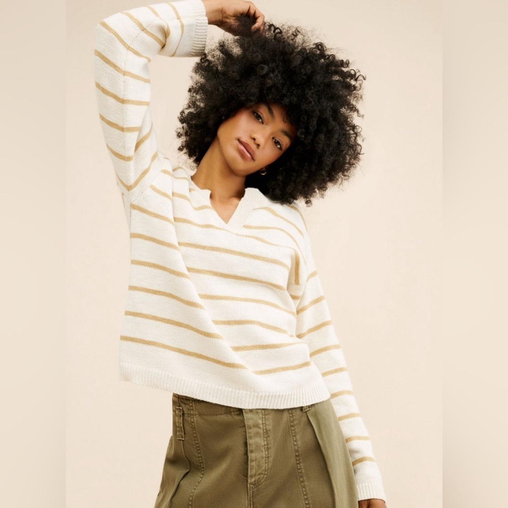 Sanctuary Chill Vibes Cotton Knit Cream And Tan Striped Sweater Size Medium